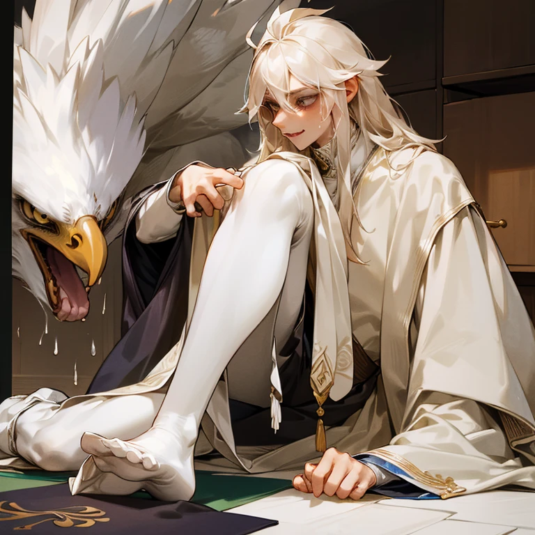 Best Quolity, 1boys, (Beauty Eagle anthro), Solo, White fur, White skin, Eagle's beak, (Long coat:1.2), (sweat leggs:1.4), old age, A high resolution, 8K high-definition, (extremy detailed face & eyes & hairs & body & clothing), detailedbackground, Should Wear Wizard Suit in Pink, Street front Cake Store, Gothic, Eating Cake, Tea Time, Naked, The upper part of the body, Lewdnes, gasps, Lie down, Eagle Claws, Crossed waist with one hand, Kinky laughter, plugging, Foot mats, Hand meat pads,