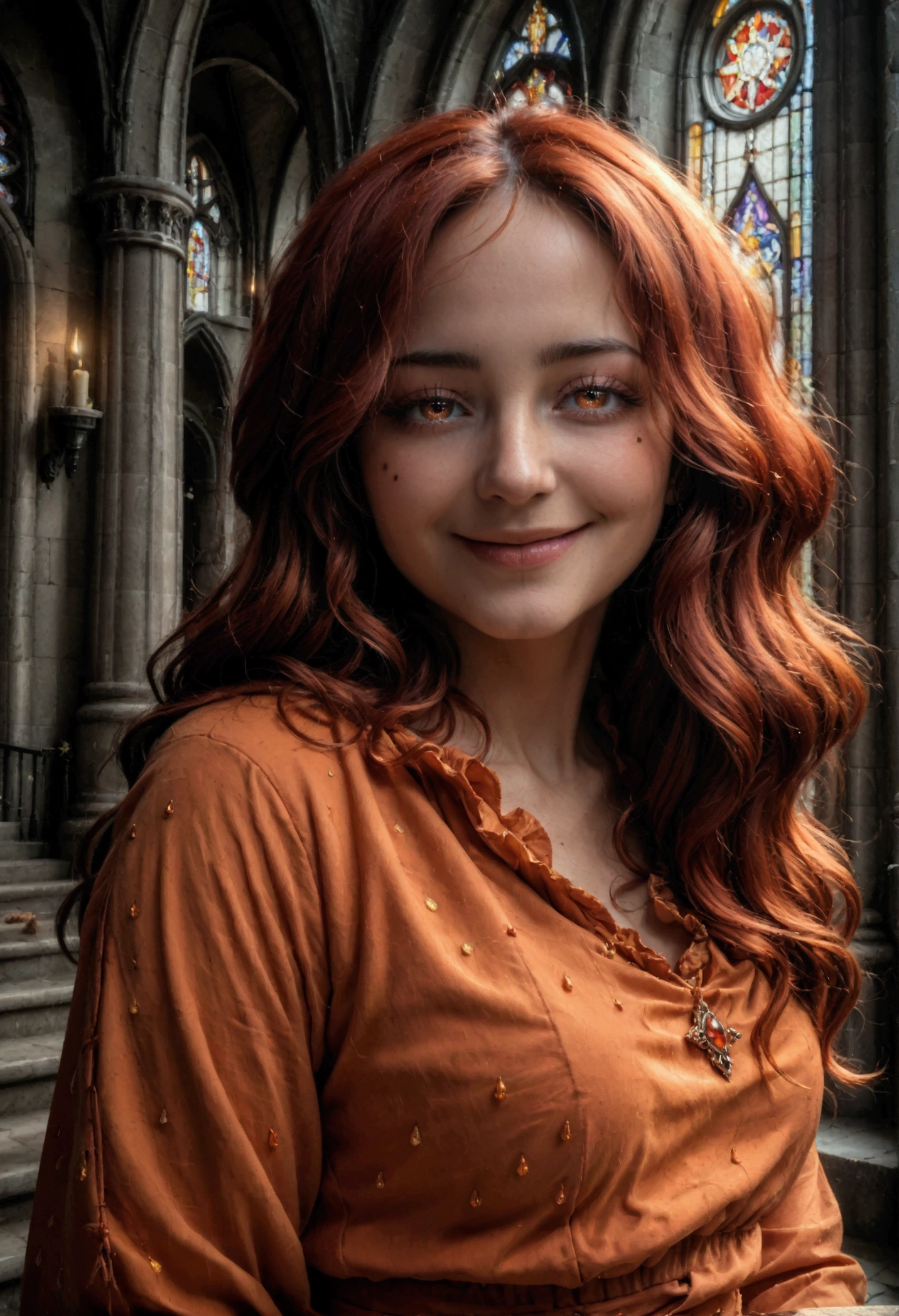 a RAW photograph of (True-To-Life) (Flame Princess), moody natural moonlight, (hard light:1.2), (high contrast), ((low brightness)), (perfect eyes), ((Natural Skin with Visible Veins, detailed skin folds and beauty marks)), subsurface scattering, ((wearing intricate delicate dress)) inside (Gothic Cathedral with ornate Stained Glass window) at ((Midnight)), (Orange Skin, Red Hair), smiling, happy face, SFW