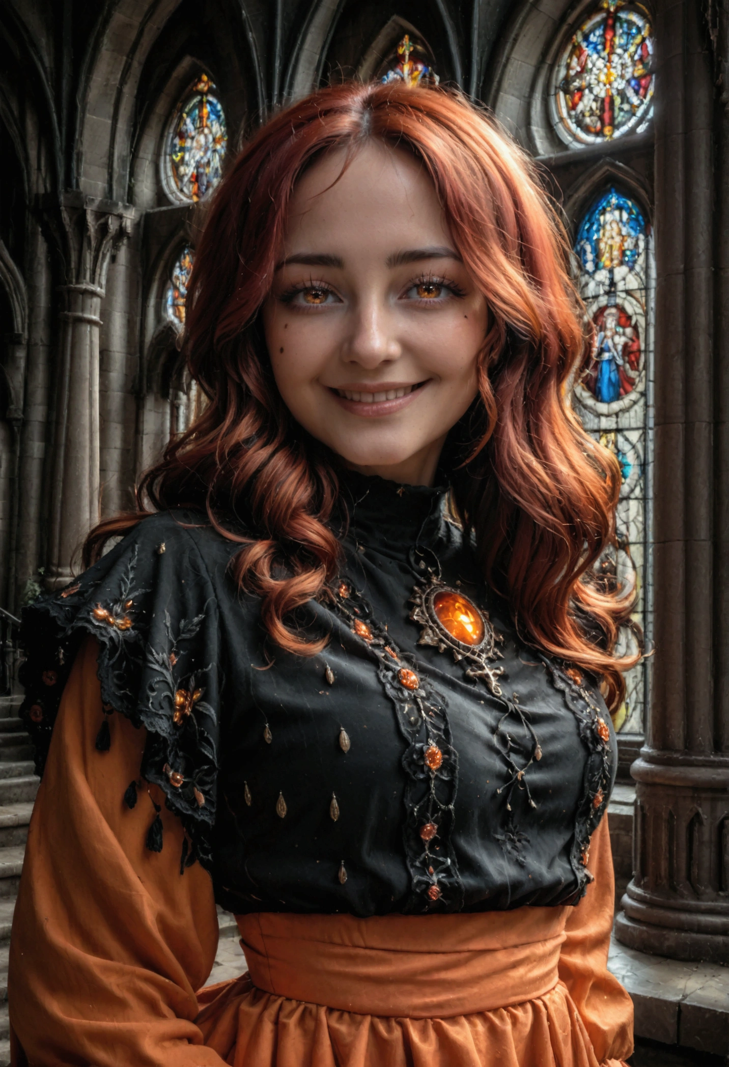 a RAW photograph of (True-To-Life) (Flame Princess), moody natural moonlight, (hard light:1.2), (high contrast), ((low brightness)), (perfect eyes), ((Natural Skin with Visible Veins, detailed skin folds and beauty marks)), subsurface scattering, ((wearing intricate delicate dress)) inside (Gothic Cathedral with ornate Stained Glass window) at ((Midnight)), (Orange Skin, Red Hair), smiling, happy face, SFW