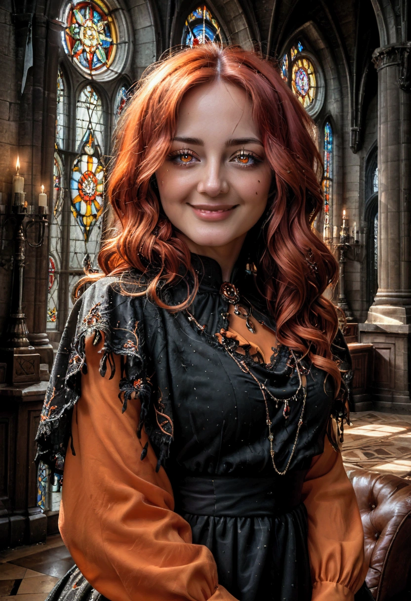 a RAW photograph of (True-To-Life) (Flame Princess), moody natural moonlight, (hard light:1.2), (high contrast), ((low brightness)), (perfect eyes), ((Natural Skin with Visible Veins, detailed skin folds and beauty marks)), subsurface scattering, ((wearing intricate delicate dress)) inside (Gothic Cathedral with ornate Stained Glass window) at ((Midnight)), (Orange Skin, Red Hair), smiling, happy face, SFW