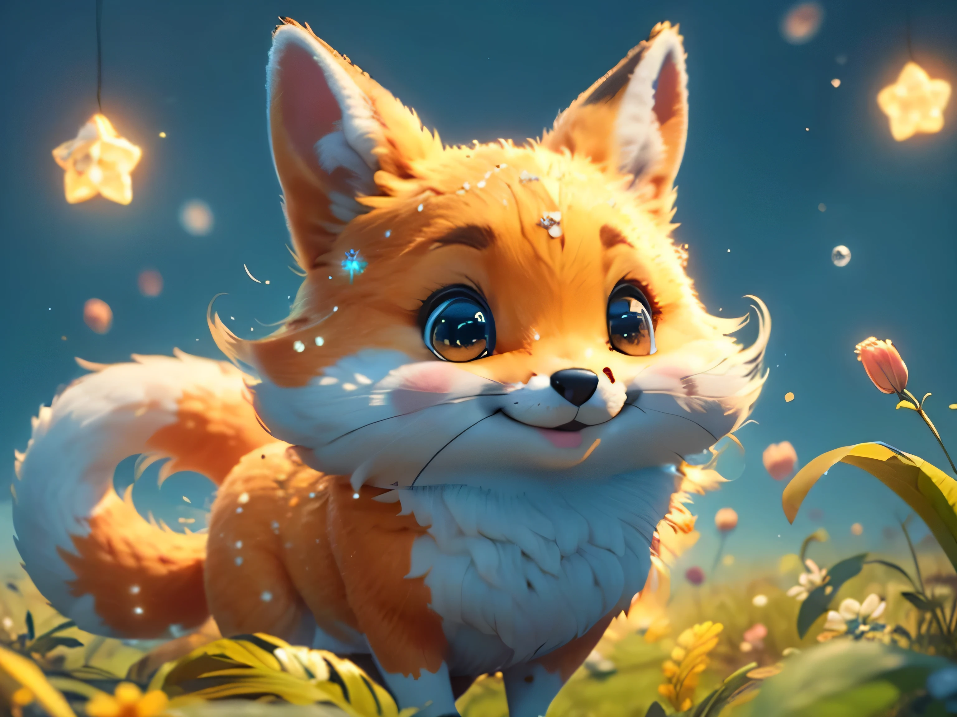 Magical Fantasy Creature, (Best Quality, Masterpiece, Representative Work, Official Art, Professional, Ultra Fine Detail, 8k:1.3), (Photorealism:1.2), Fox Spirit, Super Cute, Big Eyes, Soft, Delicate Nose, Fluffy, Two-Toothed Smile, Cute Fennec Fox Ghost, Realistic, Beautiful, Sparkling, Stars in Eyes, Star Pearl, Fox Lights, Soft Volumetric Light, (Backlight:1.3), (Cinematic:1.2), Intricate Details, (ArtStation:1.3), --auto --s2