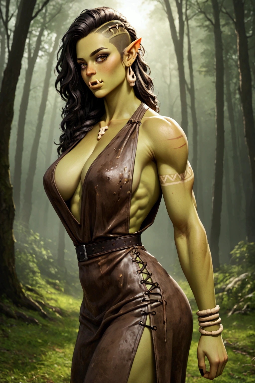 Young orc woman (big fangs), female orc, (green skin) , fearsome, dirty skin and hair, dirty wool and leather clothes, wearing linen dress, big saggy breasts, skin imperfections, skin dentation, bone jewelry, forest background, natural lighting, tribal tattoos, muscular, fit ((slim)) body, fantasy art, orczor, view from side, interesting poses,  