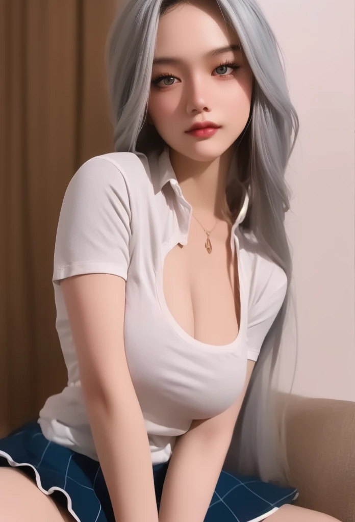 (masterpiece), (hyper-realistic), (detailed features), ((hyper realistic)), (Best quality, 8k, 32k, raw photo, real life, photorealistic, UHD:1.2), 1girl, breasts, looking at viewer, blush, smile, skirt, large breasts, shirt, 1boy, white background, cleavage, sitting, collarbone, white shirt, white hair, short sleeves, grey hair, thighs, parted lips, collared shirt, spread legs, medium hair, straddling, girl on top, sitting on person, name tag, shirt tucked in, school girl, indonesian school uniform, (hyper-realistic girl), (illustration), (high resolution), (extremely detailed), (best illustration), (beautiful detailed eyes), (best quality), (ultra-detailed), (masterpiece), (wallpaper), (photorealistic), (natural light), (rim lighting), (detailed face), (high detailed realistic skin face texture), (anatomically correct), (perfect hands), (correct fingers), (heterochromic eyes), (detailed eyes), (sparkling eyes), (dynamic pose), (loose hair:1.35), looking to viewers,Extremely Realistic,realhands