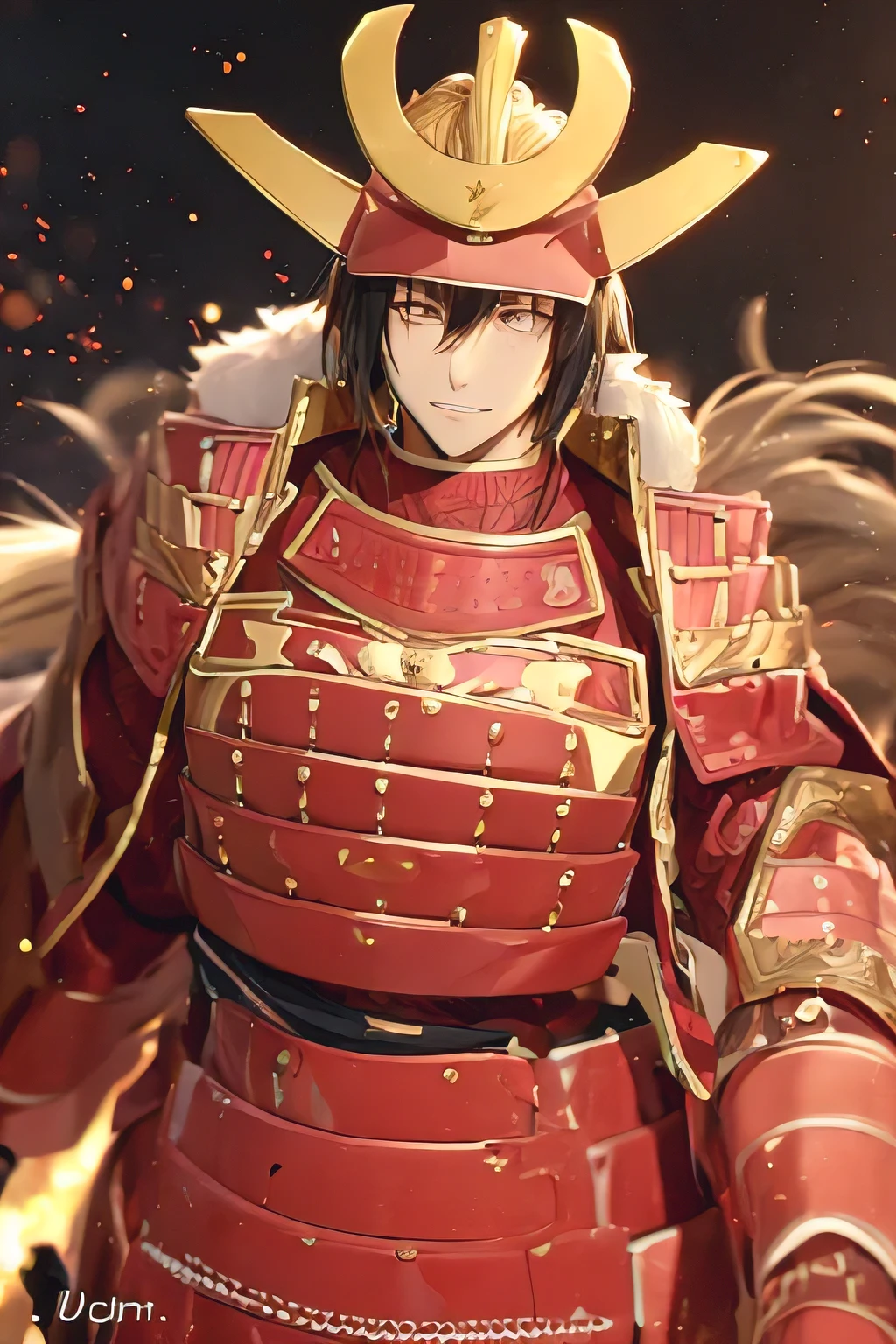 score_9,score_8_up,score_7_up,source_anime,samurai,short red black hair,open mouth,polearm,***ung man, fearless smile, wearing a helmet with large gold devil horns and a large white fur, rugged physique, red armor with battle coat, holding a large sword,