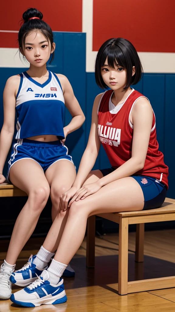 A magazine-style photoshoot of two confident 20-year-old Asian women in a pastel-toned gymnasium. The first woman, with short hair, is sitting on a chair wearing a red tracksuit, striking a cool, confident pose. The second woman, with long hair tied back, is sitting on the floor in a cropped sleeveless volleyball jersey with the blue number ‘28’ and blue shorts. Both women have distinct facial features, adding uniqueness to their expressions. The background shows gym equipment, wooden bleachers, and sports markings on the floor, creating a dynamic, sporty atmosphere.