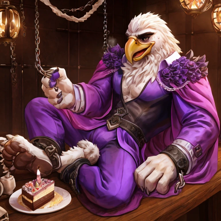 1boys, Beauty Eagle anthro, Solo, White fur, White skin, Eagle's beak, (Long coat:1.2), (sweat leggs:1.4), (shackle:1.3), old age, A high resolution, 8K high-definition, (extremy detailed face & eyes & hairs & body & clothing), detailedbackground, Should Wear Wizard Suit in Pink, Inside the cafe, On Vintage Table, Gothic, People are Eating Cake, Tea Time, Naked, The upper part of the body，lowerbody，sole， Lewdnes, gasps，Lie down，Claws， opens his eyes wide, Crossed waist with one hand， Kinky laughter，plugging, Foot mats， Hand meat pads,