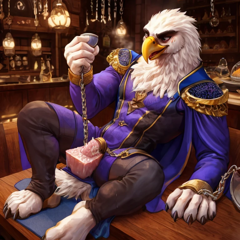 1boys, Beauty Eagle anthro, Solo, White fur, White skin, Eagle's beak, (Long coat:1.2), (sweat leggs:1.4), (shackle:1.3), old age, A high resolution, 8K high-definition, (extremy detailed face & eyes & hairs & body & clothing), detailedbackground, Should Wear Wizard Suit in Pink, Inside the cafe, On Vintage Table, Gothic, People are Eating Cake, Tea Time, Naked, The upper part of the body，lowerbody，sole， Lewdnes, gasps，Lie down，Claws， opens his eyes wide, Crossed waist with one hand， Kinky laughter，plugging, Foot mats， Hand meat pads,