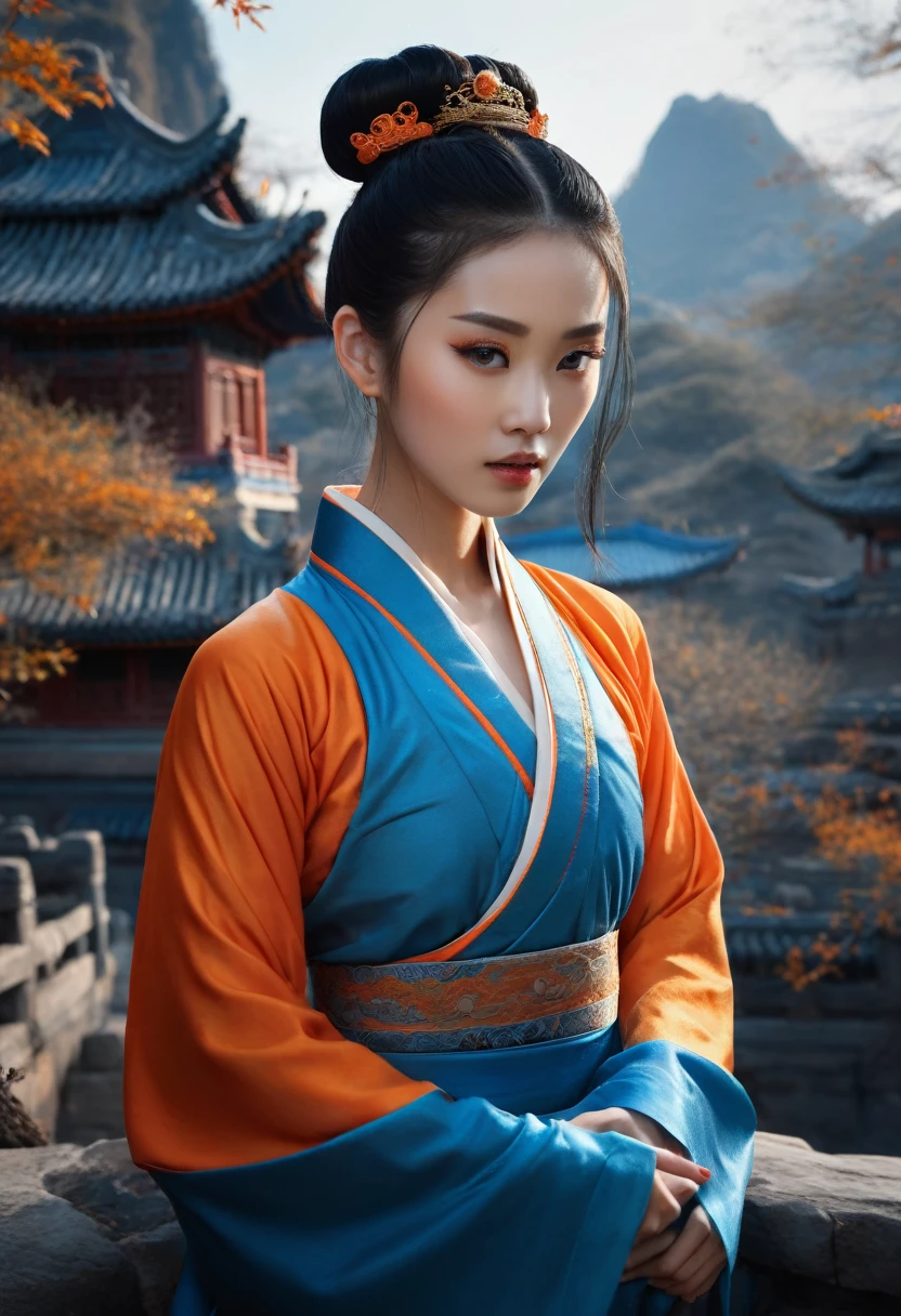 masterpiece,8k,Best Quality, high quality composition ,(Bright photo:1.2),Oriental legends ,Chinese Mythology,Chinese Immortal, dynamic pose, 1 girl,Alone, Black Hair , long sleeve , fusion of blue and orange clothes , Chinese clothes,Hanfu,(halo:1.2),dress, hair ornament ,  half-length portrait , towards viewers, turn hair into a bun for the background ,  Forehead Mark ,