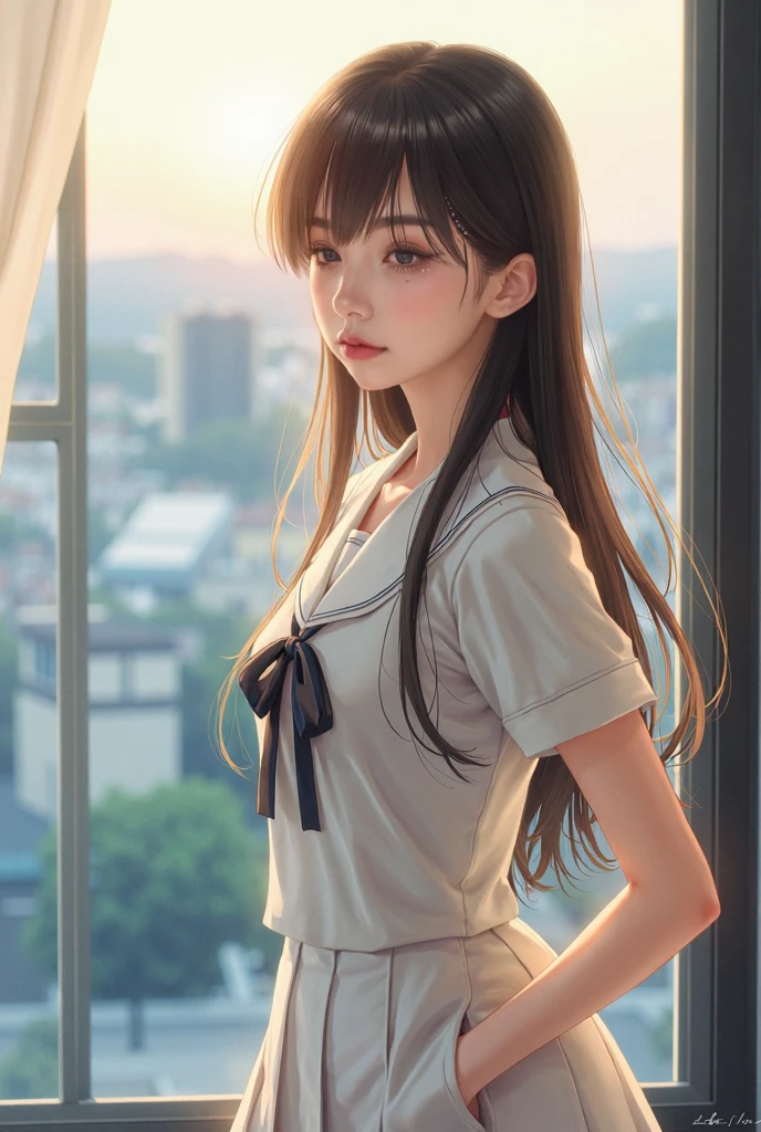 (1girl:1.3), (photorealistic:1.4), (masterpiece, top quality, best quality, official art), extreme detailed, highest detailed, (ultra-detailed), ((an extremely delicate and beautiful)), cinematic light, contemporary, silky long hair, she standing at the station, in evening, shirt, long skirt, butt crack, upper body, from above, shy, blush, (looking back:1.4),
