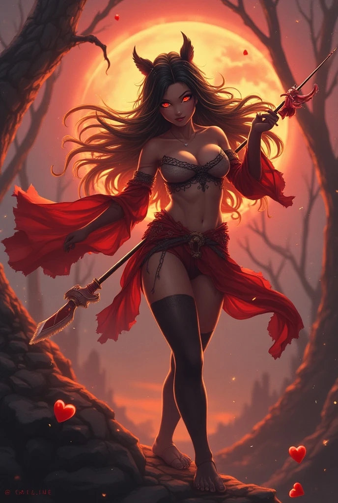 Sexy vampire girl in cemetery lit by flames, she is holding a spear, fully body, movement pose