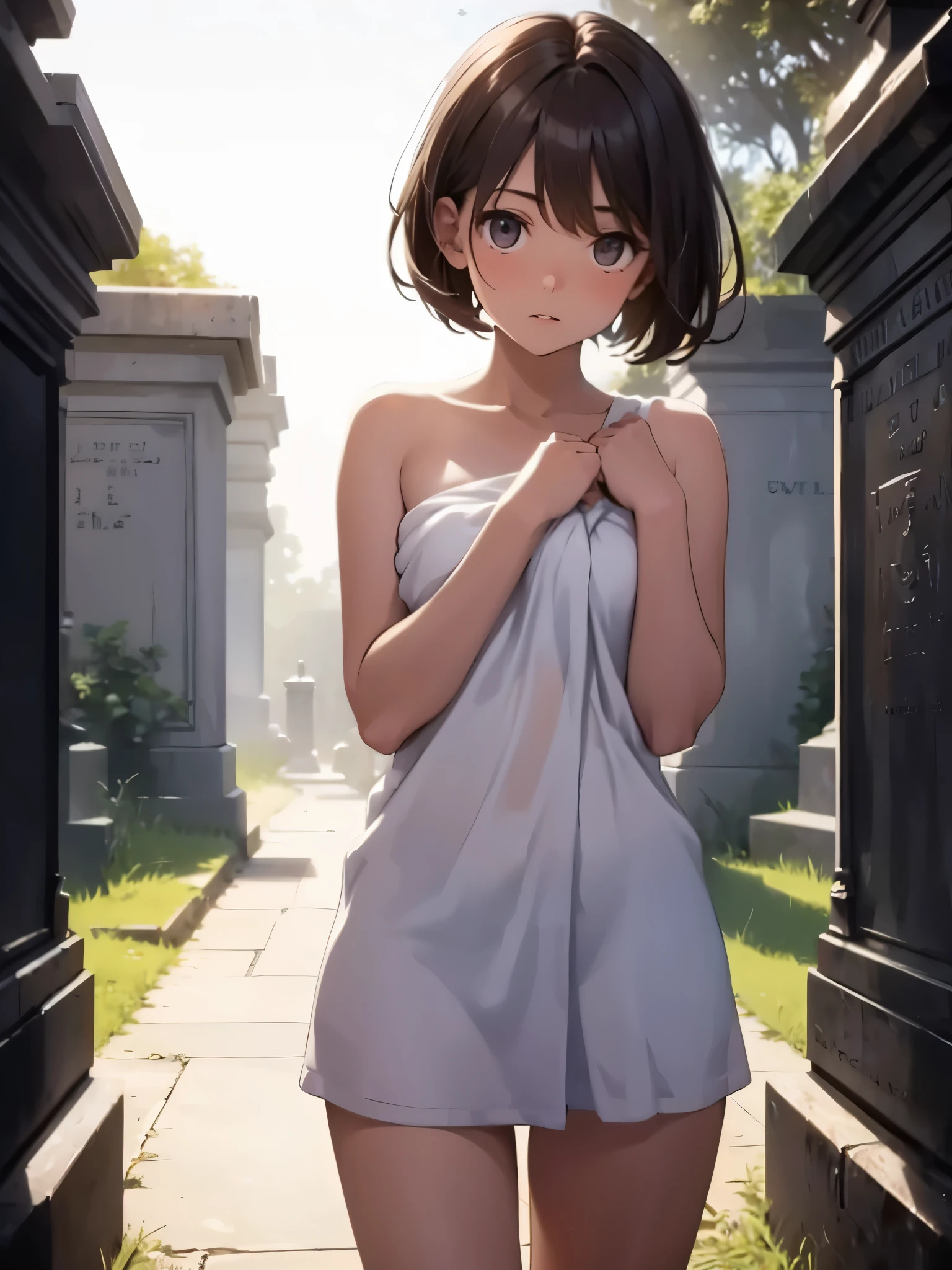 (Highest quality)), ((masterpiece)), (Familiar), Perfect Face, (High resolution), (Best Shadow), 8k, Cinematic, (Realistic:1.4),dramatic, (A woman squatting and pressing her buttocks against an old Japanese-style gravestone), (((There is one gravestone、Very simple、very old、Anonymous Grave)))、look up, (Dark blonde), (Sparkling blue eyes), ((Super Short Hair)), An innocently triumphant look,smile of victory、(Pure white skin:1.1), Muscular and voluptuous body, Fascinating, (A white tank top soaked with sweat,See-through), ((Sweaty tight white high leg panties,Exhibitionism,See-through、No laces)),(((Belly button))),(barefoot,) Sweaty, ((See-through))、(((Soil ground))), (sunny:1.4), (((In the midsummer forest))), ((In the deserted forest)), ((Lift your butt:1.2))、There was only one blonde, blue-eyed young woman.、(((Perfect Anatomy)))、(((Anatomically correct)))、(((16 years old)))、((A wide blue sky without mountains))、((引き締まったウエスト)),