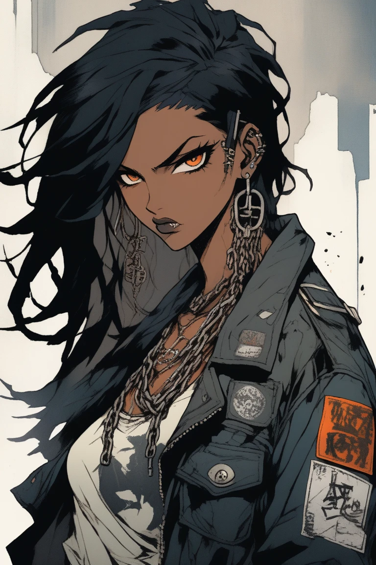 A character named Raika with a striking angular face, intense and determined large eyes with thick, defined eyebrows. Her black hair is straight, parted in the middle, framing her face with some jagged, worn strands, reflecting a punk and rough style. She has a tall and slim build with a confident posture, dressed in a worn, oversized leather jacket, patched pants, and weathered boots. Raika wears large metal earrings and rusted chains around her neck, giving her a raw, urban look. The design features deep shadows and strong contrasts to emphasize her fierce expression. Her outfit has detailed, scrappy textures, fitting a rough 'trash punk' aesthetic. In action scenes, her movements are fluid and intense, with exaggerated motion of her clothes and hair. The overall vibe is rebellious and hardened, with a gritty art style.