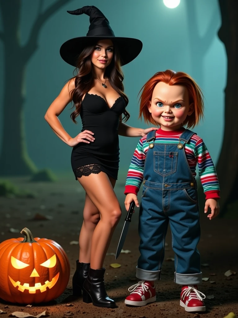 A spooky Halloween scene in a mysterious forest at night, with fog creeping across the ground and dark, twisted trees in the background. Influencer Kelly, a 25-year-old young woman, has brown and smooth skin, long and wavy dark brown hair, stunning green eyes and an athletic physique, toned and with some volume, average height of 1.70, medium breasts and defined hips and large buttocks , strong legs and defined abdomen, is in the center, with long dark brown wavy hair, wearing an elegant and sensual witch costume: a tight black dress with lace details, a pointed witch hat and leather boots. Kelly strikes a confident, powerful pose, her piercing green eyes looking straight ahead. Next to her is the iconic Chucky doll, with a mischievous smile, messy red hair and his classic denim overalls and striped shirt. Chucky holds a knife in his hand, but stands in a way that seems more mysterious and disturbing than overtly threatening. Near them, a large carved pumpkin with a sinister face glows with a strange orange light, illuminating the scene. Shadows envelop the environment, with dry leaves scattered across the ground, and a feeling of suspense fills the air, in close-up