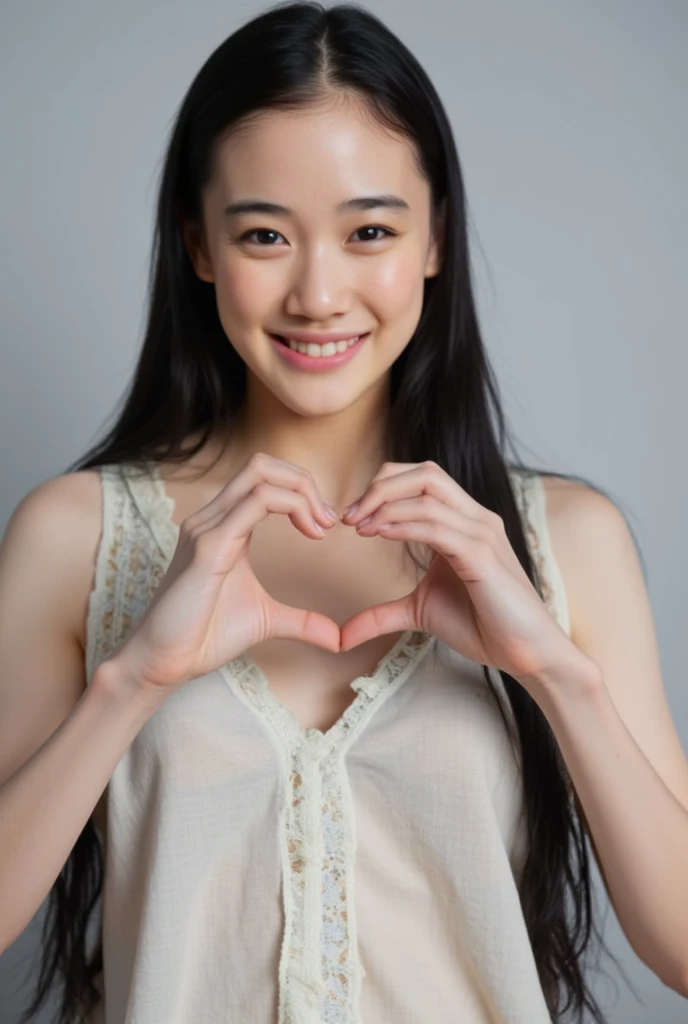 She is in a pose wearing a sexy camisole, making a firm big heart shape with both hands, and holding it in front of her chest, Cute smile up、Monotone background

