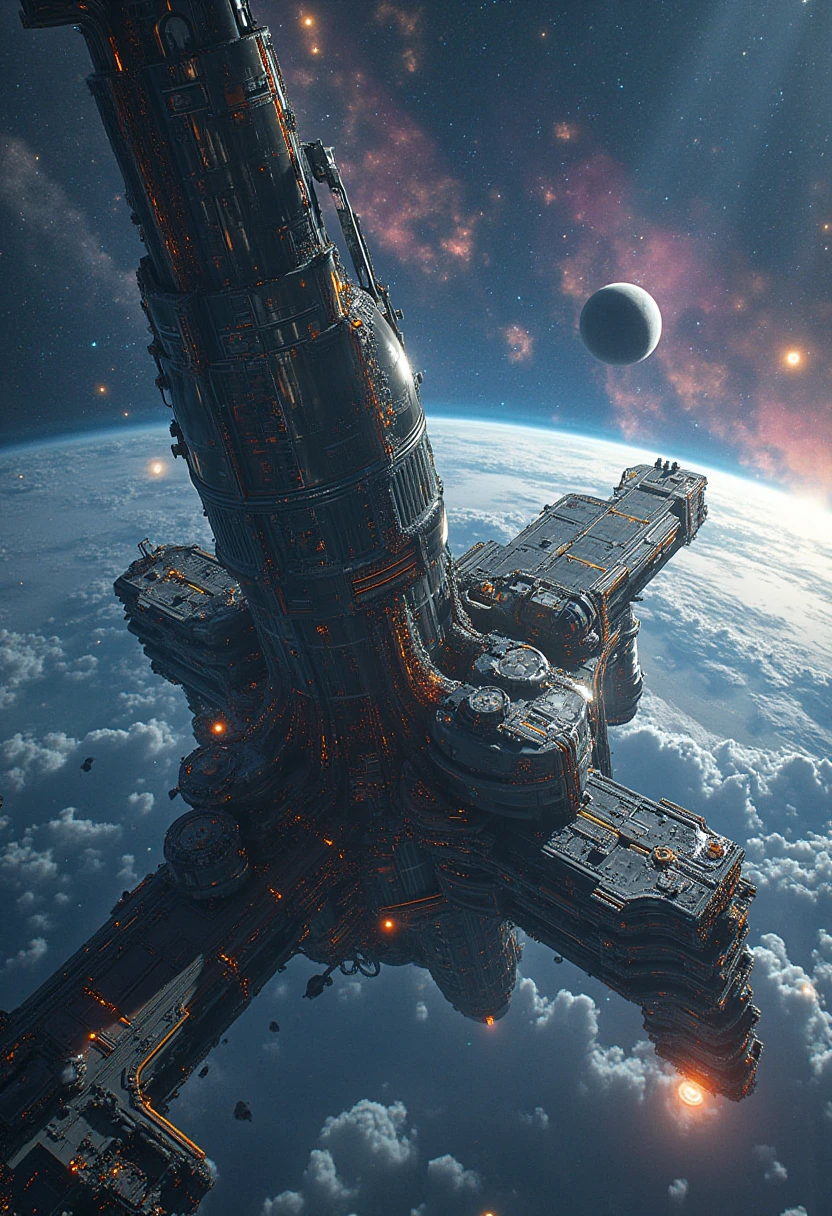 Futuristic space station orbiting against vast cosmic landscape, hyper-detailed technical design, inspired by Syd Mead and John Harris, featured on ArtStation, massive orbital infrastructure with intricate mechanical details, gleaming metallic surfaces reflecting distant starlight, detailed architectural engineering, multiple docking bays with spacecraft, massive solar panel arrays catching light from nearby star, observation domes with reinforced glass, communication arrays and satellite dishes, external elevators and maintenance robots, deep space backdrop with colorful nebulae and star clusters, Earth visible in background, lens flares from stellar bodies, volumetric lighting across station surfaces, industrial sci-fi aesthetic, works influenced by Chris Foss and Peter Elson, cinematic composition, dynamic perspective, photorealistic rendering with technical precision, 8k resolution, ray-traced lighting effects, atmospheric space elements