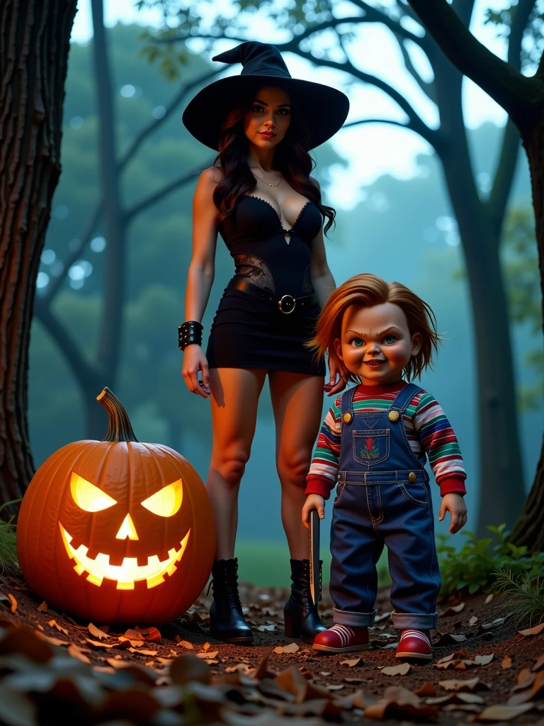 A spooky Halloween scene in a mysterious forest at night, with fog creeping across the ground and dark, twisted trees in the background. Influencer Kelly, a 25-year-old young woman, has brown and smooth skin, long and wavy dark brown hair, stunning green eyes and an athletic physique, toned and with some volume, average height of 1.70, medium breasts and defined hips and large buttocks , strong legs and defined abdomen, is in the center, with long dark brown wavy hair, wearing an elegant and sensual witch costume: a tight black dress with lace details, a pointed witch hat and leather boots. Kelly strikes a confident, powerful pose, her piercing green eyes looking straight ahead. Next to her is the iconic Chucky doll, with a mischievous smile, messy red hair and his classic denim overalls and striped shirt. Chucky holds a knife in his hand, but stands in a way that seems more mysterious and disturbing than overtly threatening. Near them, a large carved pumpkin with a sinister face glows with a strange orange light, illuminating the scene. Shadows envelop the environment, with dry leaves scattered across the ground, and a feeling of suspense fills the air, in close-up