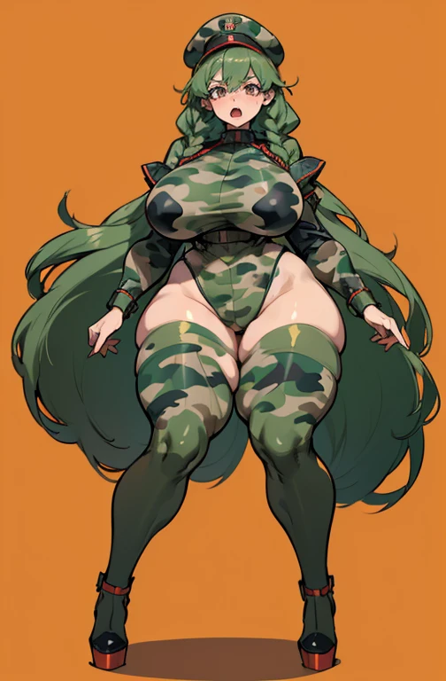 Angry look, scream, Open mouth, young girl, Pullover, whole body to see, (( very wide hips)), (((colossal Thighs, gigantic thighs, very huge thighs, very big thighs))), fullbody, platform heels, very Big breast, , firm breast, thigt body suit, braids hair, military camouflage, soldier girl, fullbody suit,