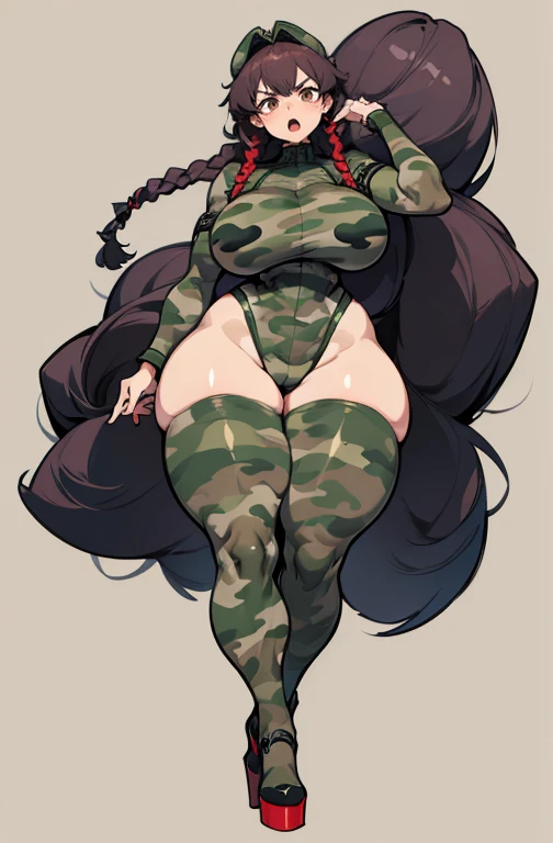 Angry look, scream, Open mouth, young girl, Pullover, whole body to see, (( very wide hips)), (((colossal Thighs, gigantic thighs, very huge thighs, very big thighs))), fullbody, platform heels, very Big breast, , firm breast, thigt body suit, braids hair, military camouflage, soldier girl,