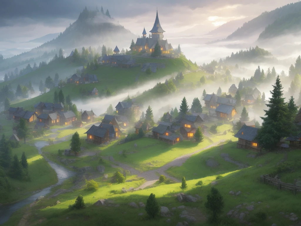 scenic background, anime style, fog, mist, medieval fantasy small village, forest, village on a hill, cobblestone paths, grass, grey skies, low visibility, spooky mood, dark lightning, fog clouds, landscape illustration, misty weather, tranquil eerie landscape, silent hill fog, night time
