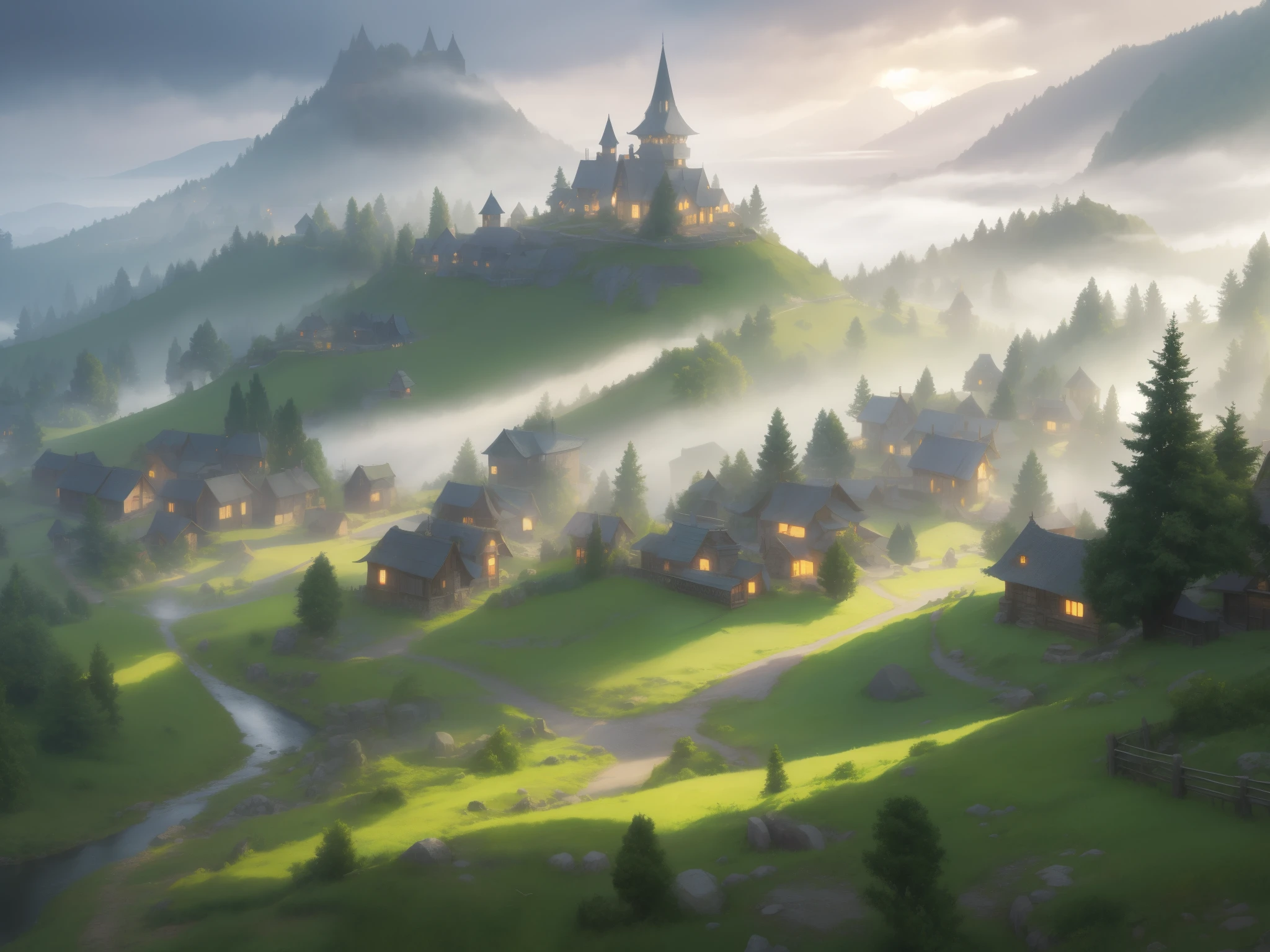 scenic background, anime style, fog, mist, medieval fantasy small village, forest, village on a hill, cobblestone paths, grass, grey skies, low visibility, spooky mood, dark lightning, fog clouds, landscape illustration, misty weather, tranquil eerie landscape, silent hill fog, night time
