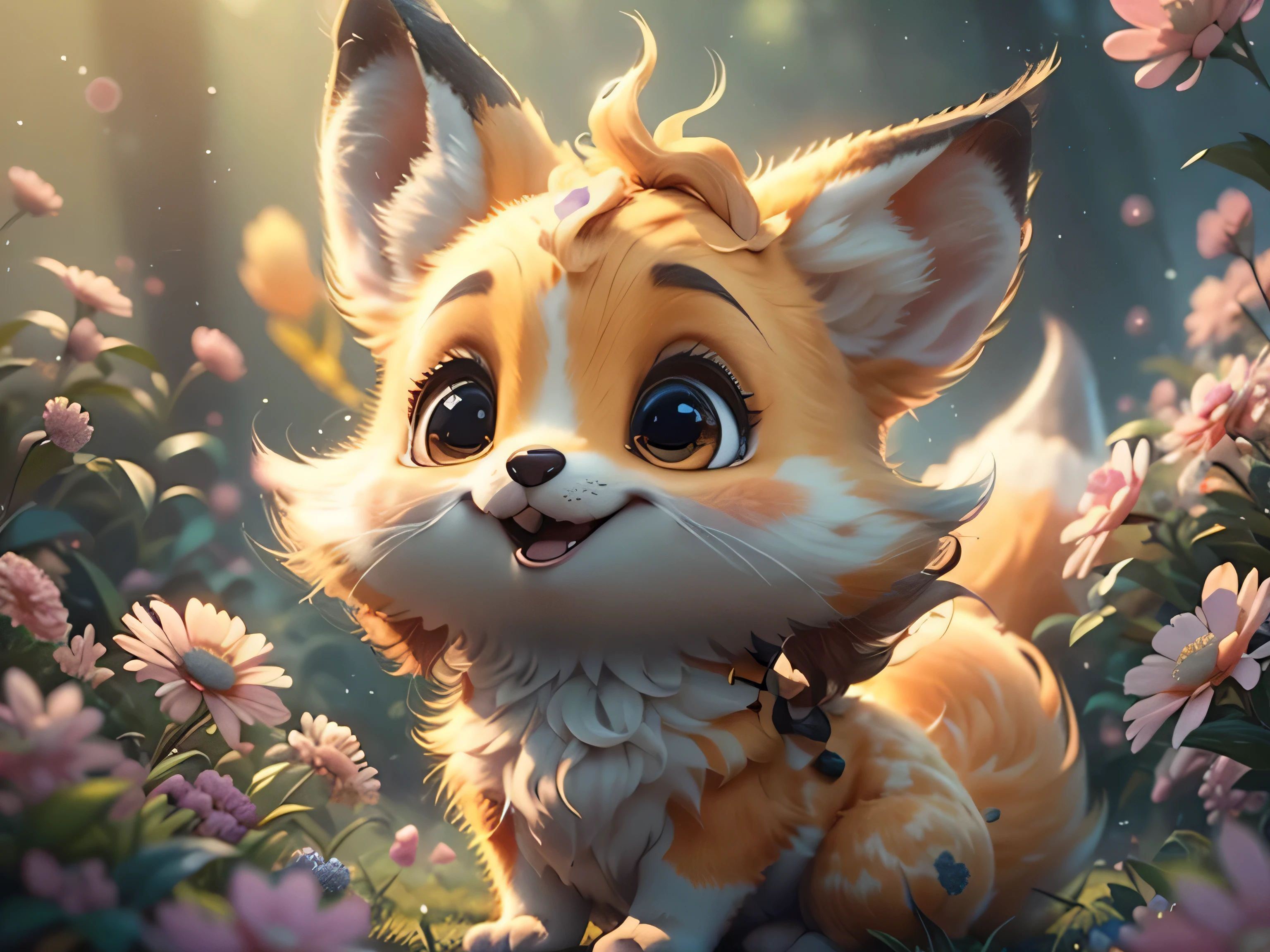 Magical Fantasy Creature, (Best Quality, Masterpiece, Representative Work, Official Art, Professional, Ultra Fine Detail, 8k:1.3) Fox Spirit, Super Cute, Big Eyes, Soft, Delicate Nose, Fluffy, Two-Toothed Smile, Cute Fennec Fox Ghost, Realistic, Beautiful, Sparkling, Stars in Eyes, Star Pearl, Fox Lights, Soft Volumetric Light, (Backlight:1.3), (Cinematic:1.2), Intricate Details, (ArtStation:1.3), --auto --s2