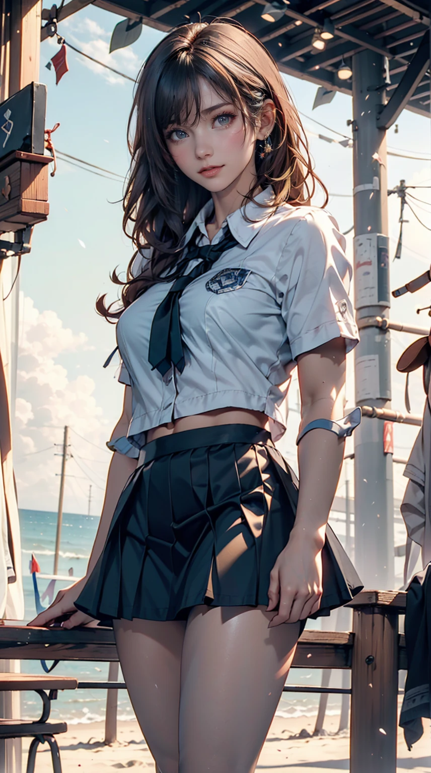 ((masterpiece)), ((Best Quality)), (( high definition)), (( Extremely Detailed CG Unity 8K Wallpaper )), Alone, Tachibana Kanade , tan school uniform,  Black Skirt , White socks, Outdoor, face, Curtain Hair, Beach,  split hair,  silver hair