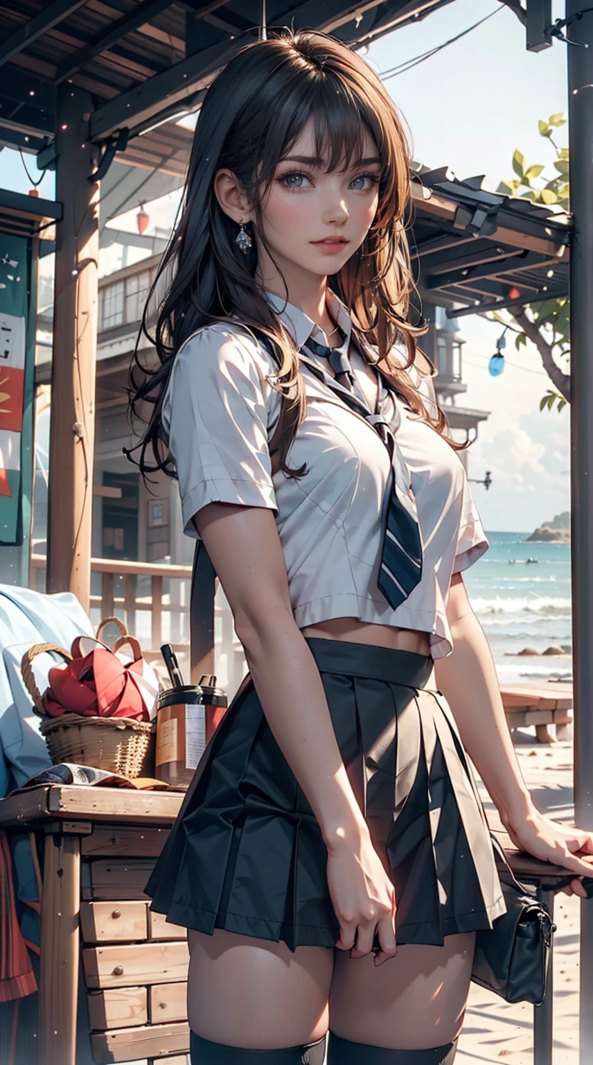 ((masterpiece)), ((Best Quality)), (( high definition)), (( Extremely Detailed CG Unity 8K Wallpaper )), Alone, Tachibana Kanade , tan school uniform,  Black Skirt , White socks, Outdoor, face, Curtain Hair, Beach,  split hair,  silver hair