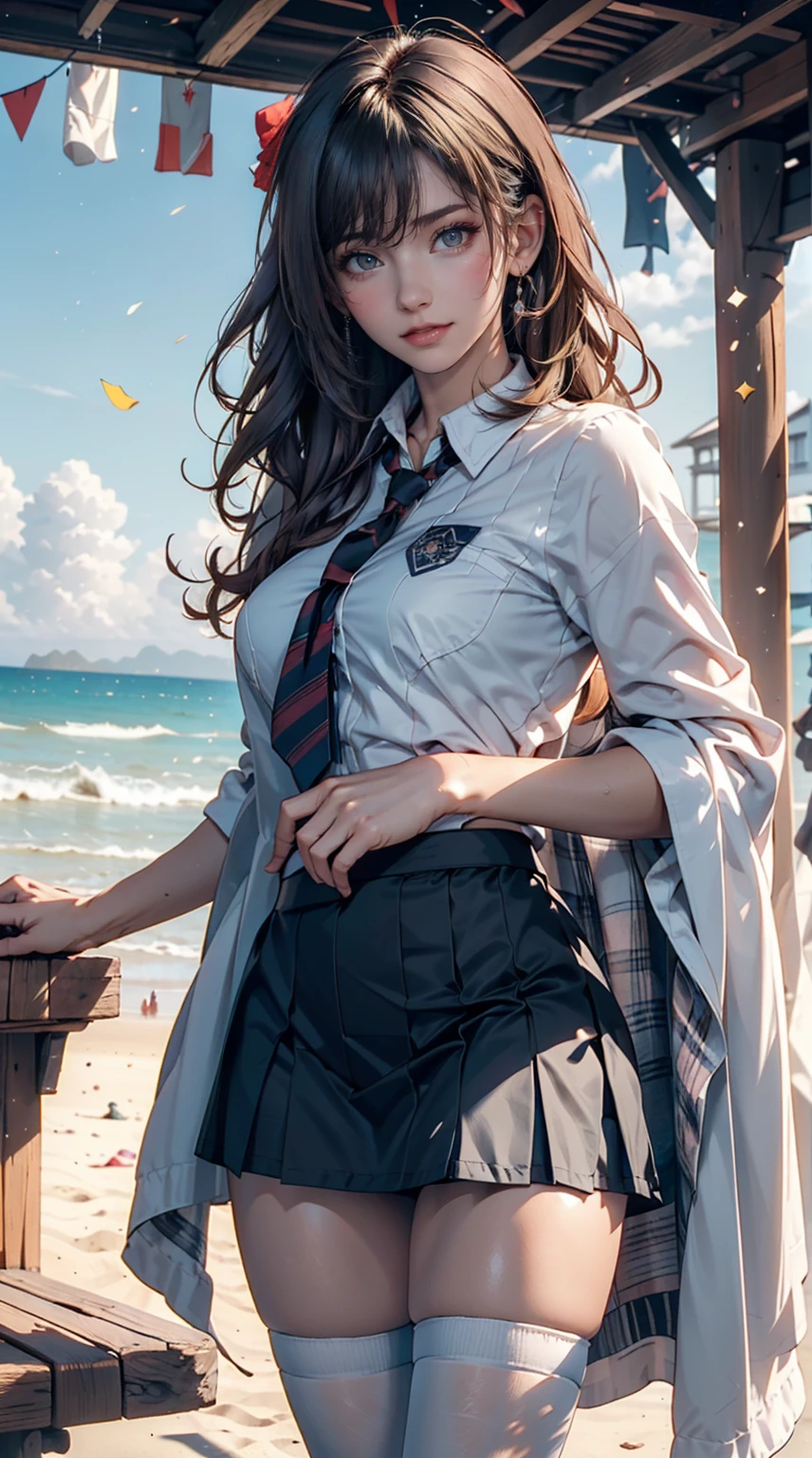 ((masterpiece)), ((Best Quality)), (( high definition)), (( Extremely Detailed CG Unity 8K Wallpaper )), Alone, Tachibana Kanade , tan school uniform,  Black Skirt , White socks, Outdoor, face, Curtain Hair, Beach,  split hair,  silver hair