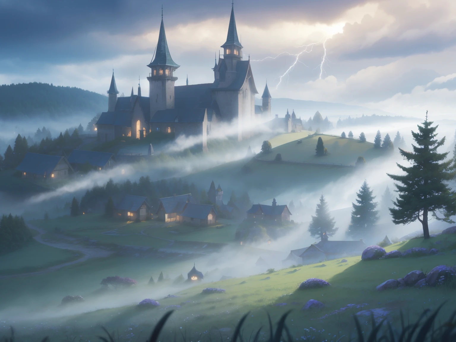 scenic background, anime style, fog, mist, medieval fantasy small village, forest, village on a hill, cobblestone paths, grass, grey skies, low visibility, spooky mood, dark lightning, fog clouds, landscape illustration, misty weather, tranquil eerie landscape, silent hill fog, night time, phblue, scenery, blue theme
