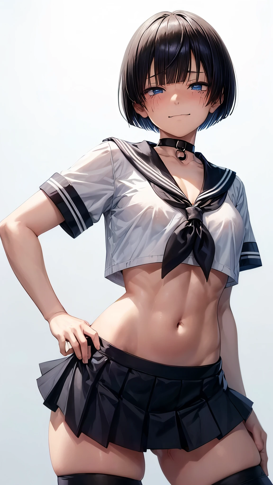 1 female,Suguha Kirigaya,white sailor suit,short sleeved,covered nipples,croptop,gray low-rise micro pleated skirt,breasts,leanbody:1.5,beautiful abs:0.5