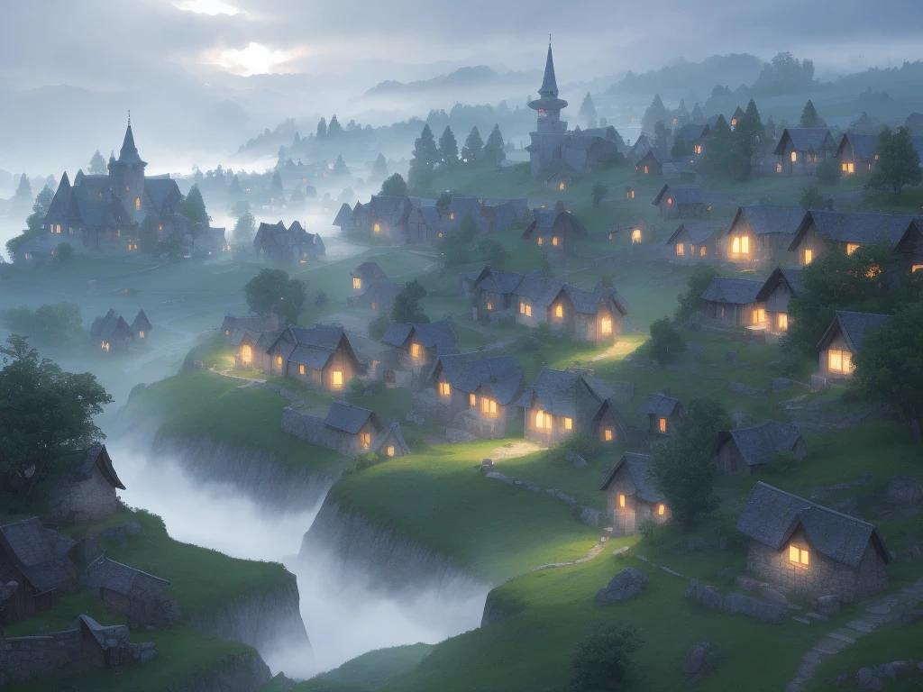 scenic background, anime style, fog, mist, medieval fantasy small village, village on a hill, cobblestone paths, grass, grey black skies, low visibility, eerie mood, dark lightning, fog clouds, landscape illustration, misty weather, tranquil landscape, silent hill fog, night time, phblue, scenery, blue theme, twisted trees, haunted forest,