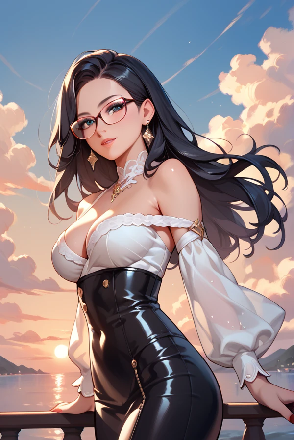 Black Hair,  long hair,Glasses, National Costume,sunset,Beautiful sky,