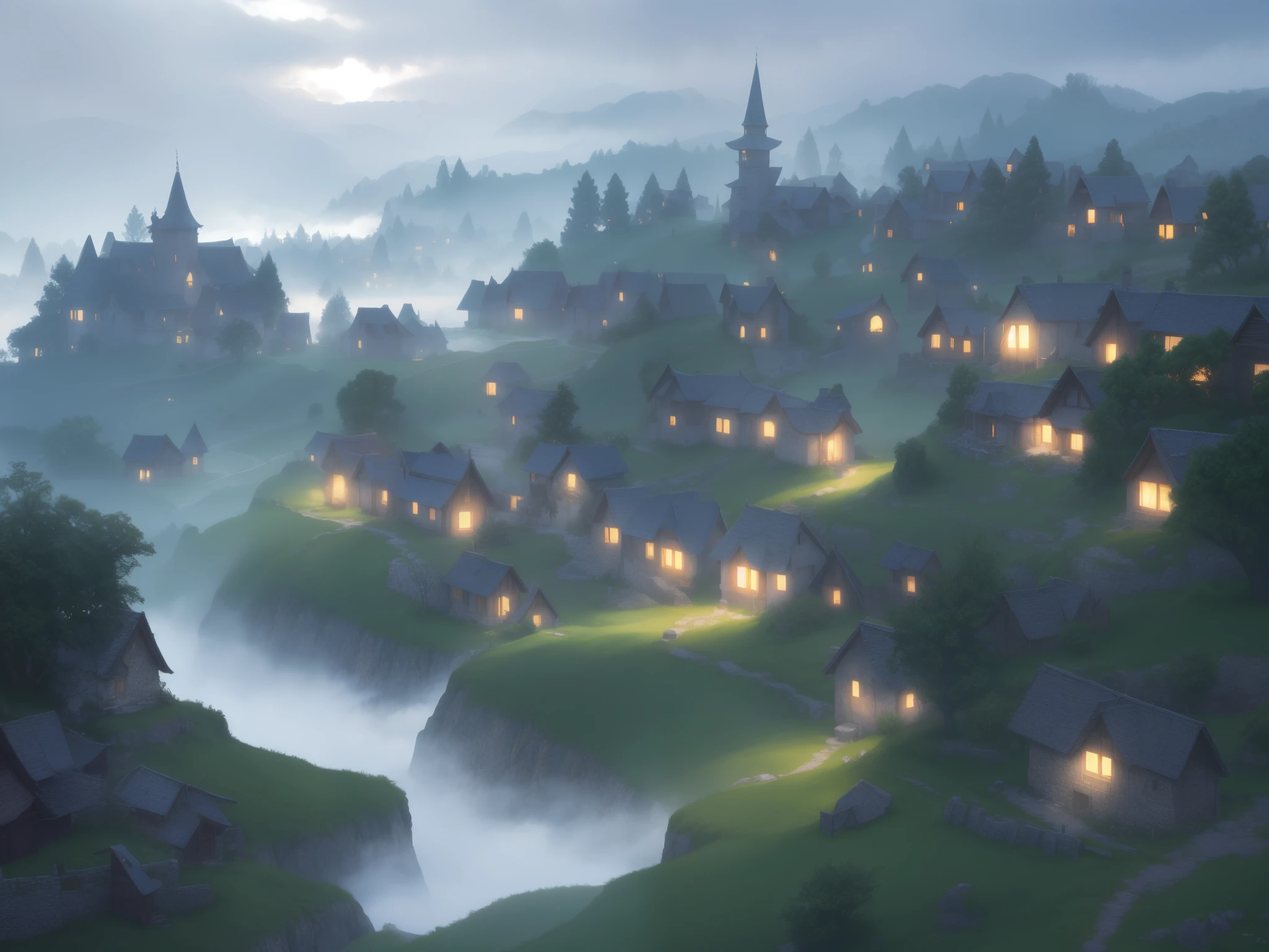 scenic background, anime style, fog, mist, medieval fantasy small village, village on a hill, cobblestone paths, grass, grey black skies, low visibility, eerie mood, dark lightning, fog clouds, landscape illustration, misty weather, tranquil landscape, silent hill fog, night time, phblue, scenery, blue theme, twisted trees, haunted forest,