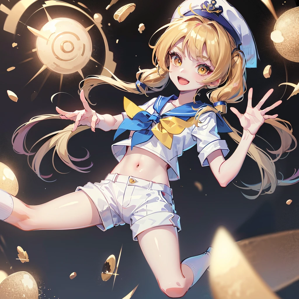 Twin-tailed golden-haired girl in sailor suit, Visible navel, Wear a hat and pants.a drawing of an anime character, clean line drawings, ultra cute girl, ultra cute face, ultra detailed eyes, ultra detailed hair, ultra cute, ultra beautiful, ((high end)), (UHD picture), (best quality,4k,8k,highres,masterpiece:1.2), top-quality(​masterpiece), top-quality, ultra-detailed, highly detailed texture, intricate details, high quality textures, masterpiece, best quality, perfect quality, perfect anatomy, perfect body, perfect symmetrical face, perfect hands, perfect feet, (two arms:1.2), (two legs:1.2), (five fingers each:1.2), (perfect joint:1.2), perfect joint movement, precise fingers and hands, 1 beautiful girl, 1 girl, alone, solo, , , ((())), ((ish)), (Best Quality, hight resolution), extremely detailed and lifelike, Vibrant colors, simple background, white socks, blonde hair, hat, blue sailor collar, twintails, sailor collar, sailor hat, yellow eyes, marine costume, short sleeves, shirt, blue neckerchief, white headwear, sailor, white shirt, white shorts, neckerchief, smile, Chiyuri