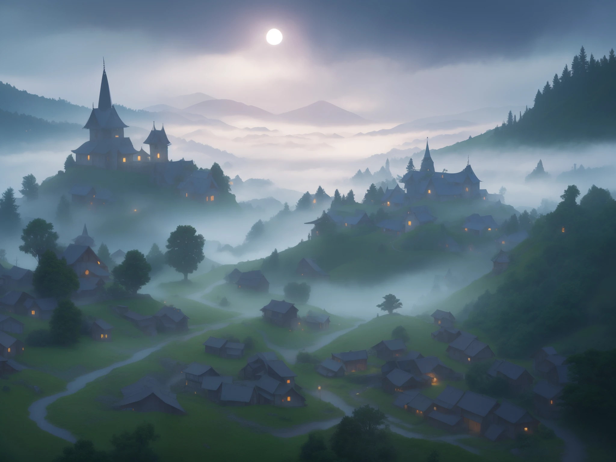 scenic background, anime style, fog, mist, medieval fantasy village, forest, village on a hill, cobblestone paths, grass, grey skies, low visibility, spooky mood, dark lightning, fog clouds, landscape illustration, misty weather, tranquil eerie landscape, silent hill fog, night time, phblue, scenery, blue theme, assassin's den
