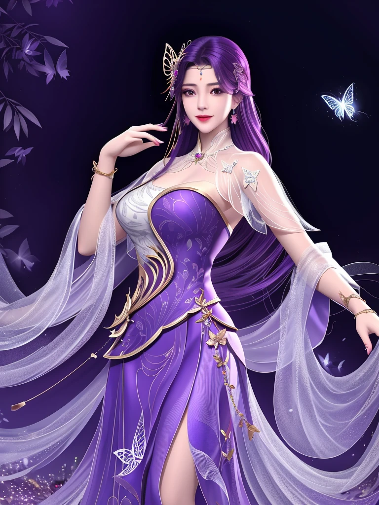 WMSJyunxi, 1girl, dress, solo, butterfly hair ornament, long hair, purple hair, jewelry,looking at viewer, earrings, shawl, closed mouth,forehead jewel, hagoromo,cityscape, night, mature female, hand on hip, smile,