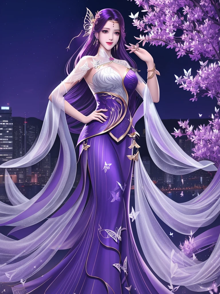 WMSJyunxi, 1girl, dress, solo, butterfly hair ornament, long hair, purple hair, jewelry,looking at viewer, earrings, shawl, closed mouth,forehead jewel, hagoromo,cityscape, night, mature female, hand on hip, smile,