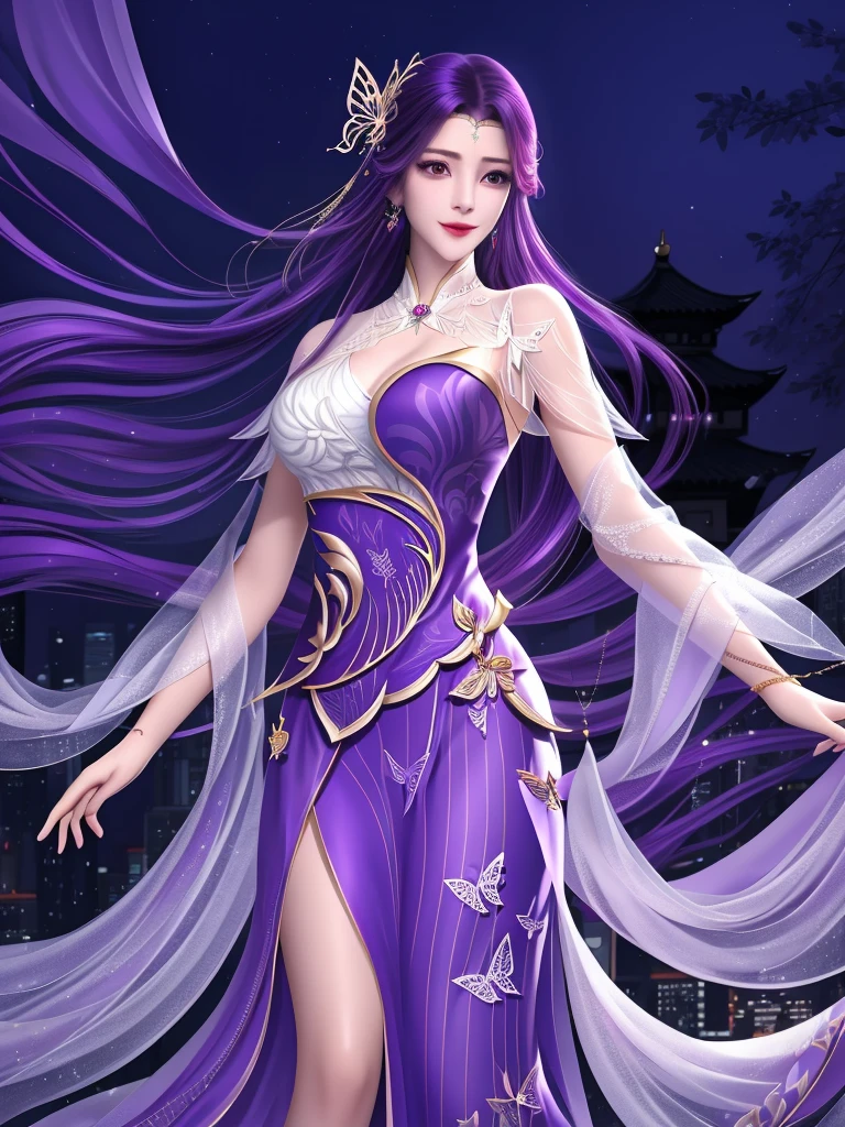 WMSJyunxi, 1girl, dress, solo, butterfly hair ornament, long hair, purple hair, jewelry,looking at viewer, earrings, shawl, closed mouth,forehead jewel, hagoromo,cityscape, night, mature female, hand on hip, smile,