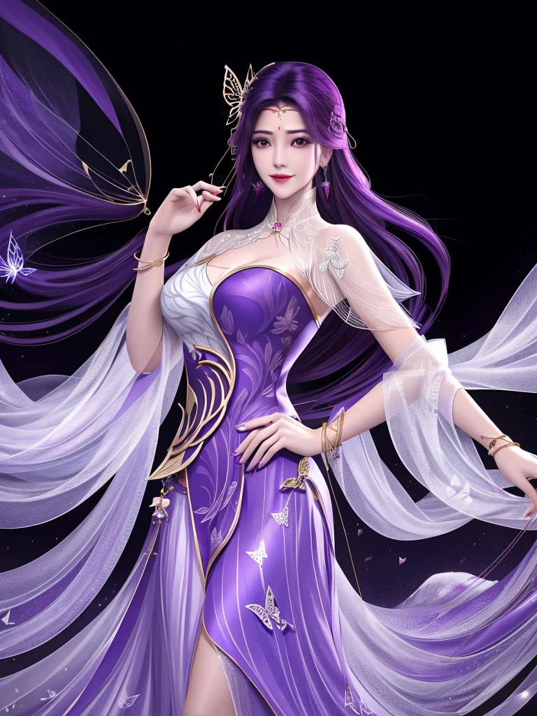 WMSJyunxi, 1girl, dress, solo, butterfly hair ornament, long hair, purple hair, jewelry,looking at viewer, earrings, shawl, closed mouth,forehead jewel, hagoromo,cityscape, night, mature female, hand on hip, smile,