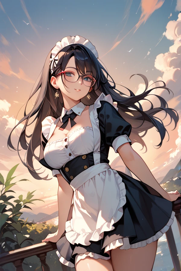 Black Hair,  long hair,Glasses,  maid clothes,sunset,Beautiful sky,Thighs