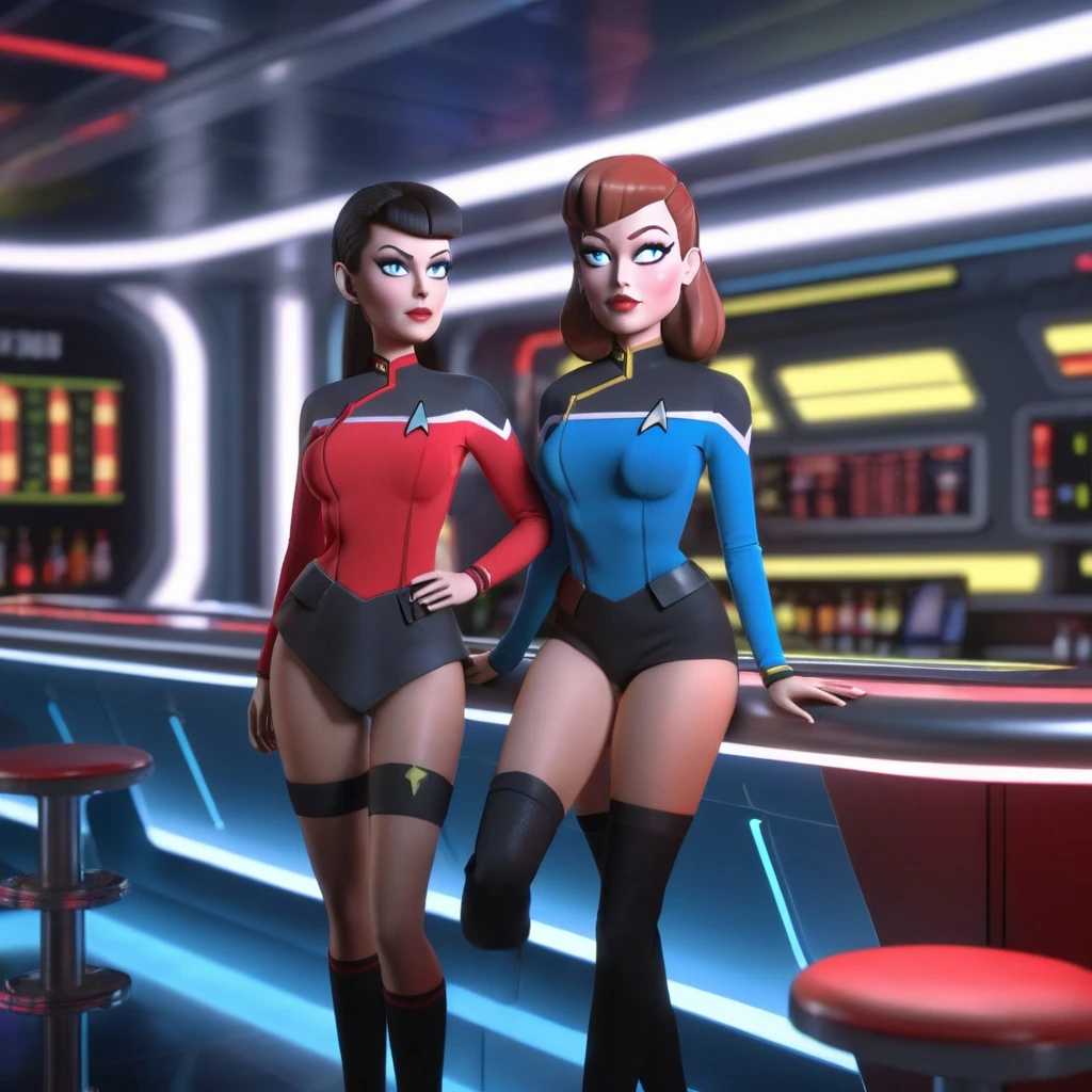 3d, 3d render,a woman wearing red starfleet uniform and a green skin woman wearing blue starfleet uniform at a futuristic bar ,highly detailed, vibrant, production cinematic, large breast, thick thighs,