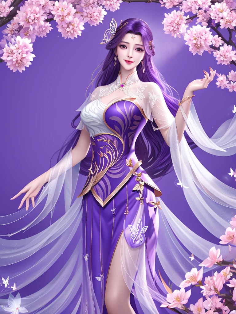 Peach Blossom Spring ，WMSJ Wunxi ,  1 girl, skirt, alone, butterfly hair accessories, long hair,  purple hair , jewelry,  looking at the viewer, earrings, shawl, Shut up,前額jewelry, Feather coat,  Mature Women ,  hands placed on hips , Smile,