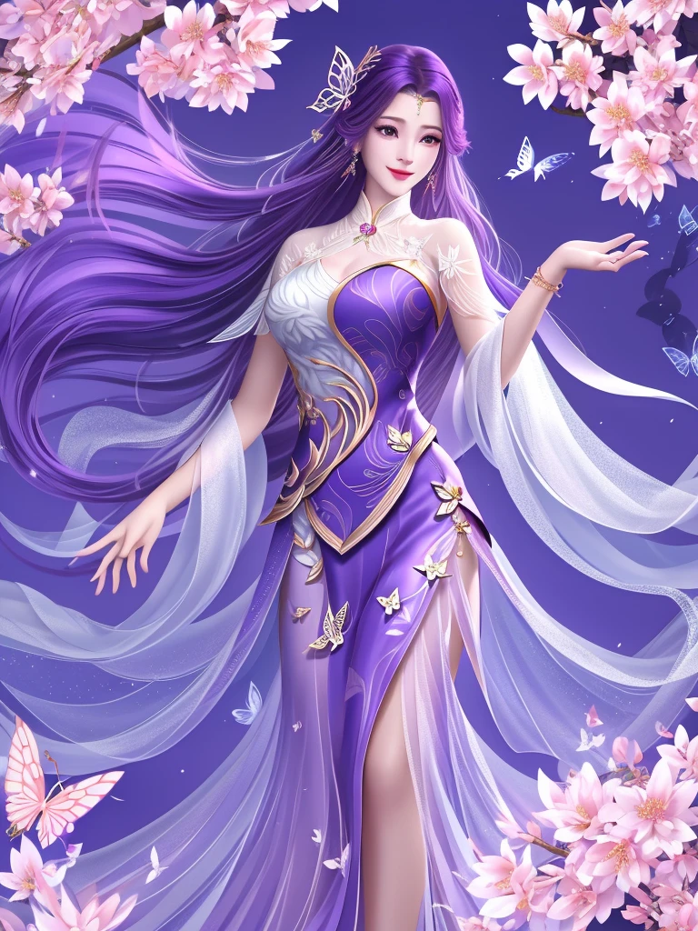 Peach Blossom Spring ，WMSJ Wunxi ,  1 girl, skirt, alone, butterfly hair accessories, long hair,  purple hair , jewelry,  looking at the viewer, earrings, shawl, Shut up,前額jewelry, Feather coat,  Mature Women ,  hands placed on hips , Smile,