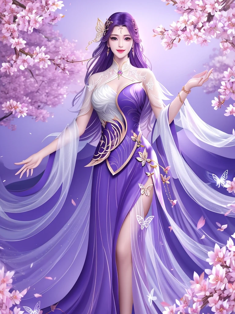 Peach Blossom Spring ，WMSJ Wunxi ,  1 girl, skirt, alone, butterfly hair accessories, long hair,  purple hair , jewelry,  looking at the viewer, earrings, shawl, Shut up,前額jewelry, Feather coat,  Mature Women ,  hands placed on hips , Smile,