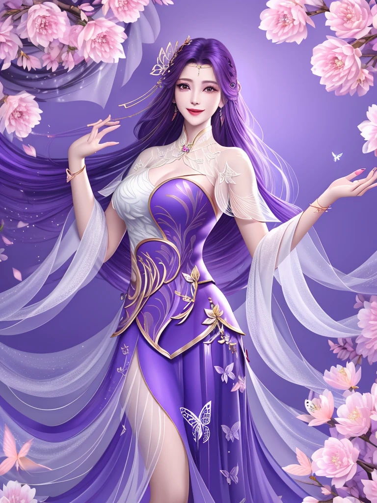 Peach Blossom Spring ，WMSJ Wunxi ,  1 girl, skirt, alone, butterfly hair accessories, long hair,  purple hair , jewelry,  looking at the viewer, earrings, shawl, Shut up,前額jewelry, Feather coat,  Mature Women ,  hands placed on hips , Smile,