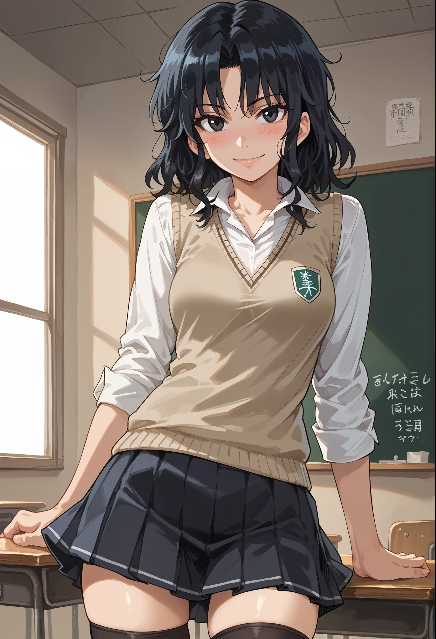 masterpiece, best quality, 1girl, kaoru tanamachi, black eyes, black hair, messy hair,
kibito high school uniform, school uniform, sweater vest, looking at viewer, teacher, thighhighs, detailed skin texture, detailed cloth texture, beautiful detailed face, medium breasts, blush, seductive smile