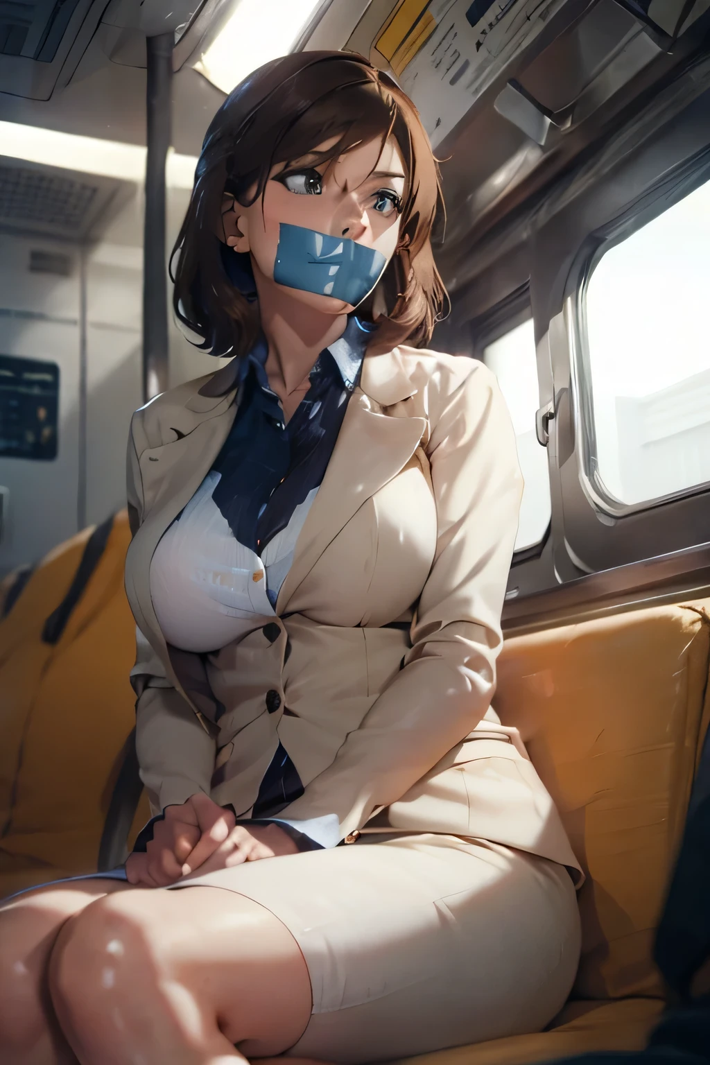 a woman riding a train, (tape gag:1.3), from side,8K,brown hair,facing away, large breasts, beige suit, detailed facial features, hyper realistic, photorealistic, 8k, highest quality, cinematic lighting, intricate details, masterpiece,sitting