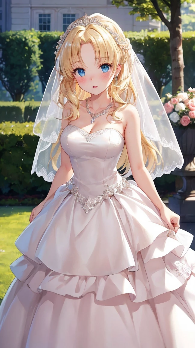 ultra detailed, sharp focus, best quality, masterpiece, colorful, mariacampbell, 1girl, blonde hair, full body shot, blush, intricate details, glossy lips, standing, layered wedding dress, garden, city, necklace