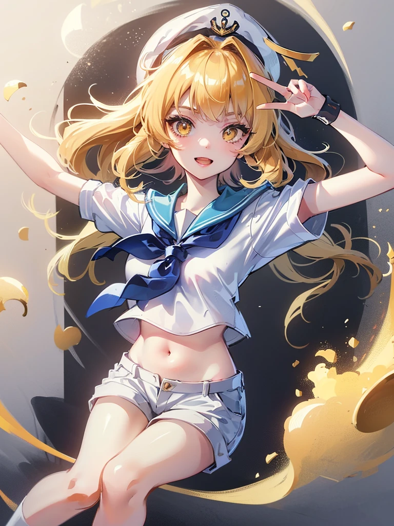 Twin-tailed golden-haired girl in sailor suit, Visible navel, Wear a hat and pants.a drawing of an anime character, clean line drawings, ultra cute girl, ultra cute face, ultra detailed eyes, ultra detailed hair, ultra cute, ultra beautiful, ((high end)), (UHD picture), (best quality,4k,8k,highres,masterpiece:1.2), top-quality(​masterpiece), top-quality, ultra-detailed, highly detailed texture, intricate details, high quality textures, masterpiece, best quality, perfect quality, perfect anatomy, perfect body, perfect symmetrical face, perfect hands, perfect feet, (two arms:1.2), (two legs:1.2), (five fingers each:1.2), (perfect joint:1.2), perfect joint movement, precise fingers and hands, 1 beautiful girl, 1 girl, alone, solo, , , ((())), ((ish)), (Best Quality, hight resolution), extremely detailed and lifelike, Vibrant colors, simple background, white socks, blonde hair, hat, blue sailor collar, twintails, sailor collar, sailor hat, yellow eyes, marine costume, short sleeves, shirt, blue neckerchief, white headwear, sailor, white shirt, white shorts, neckerchief, smile, Chiyuri