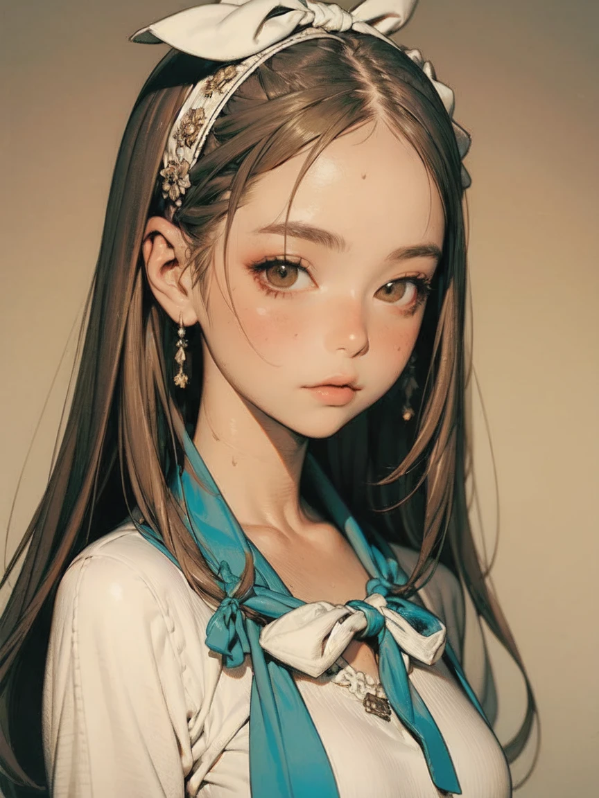  1 girl, masterpiece, Best Quality, 8k,  detailed skin textures,  detailed fabric texture,  Beautiful Detailed Face ,  intricate details, Super detailed,   Alice in Wonderland  , (A ribbon on her head:1.1),  upper body